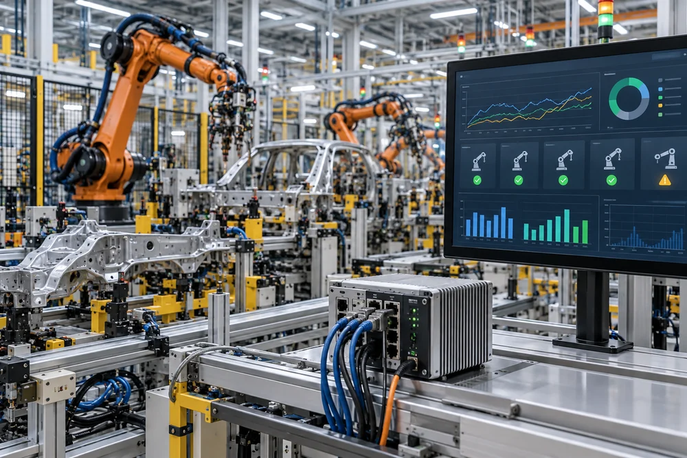 Üretim hattını izleyen fabrika veri sistemi ve bağlantı cihazı