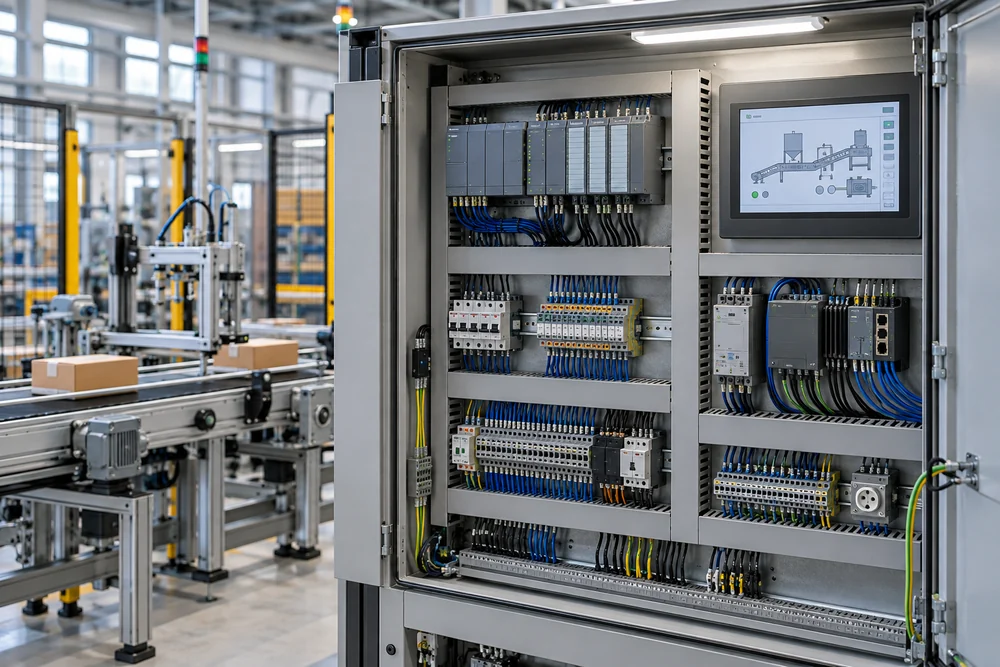 PLC modülleri, kontrol panosu ve operatör ekranı